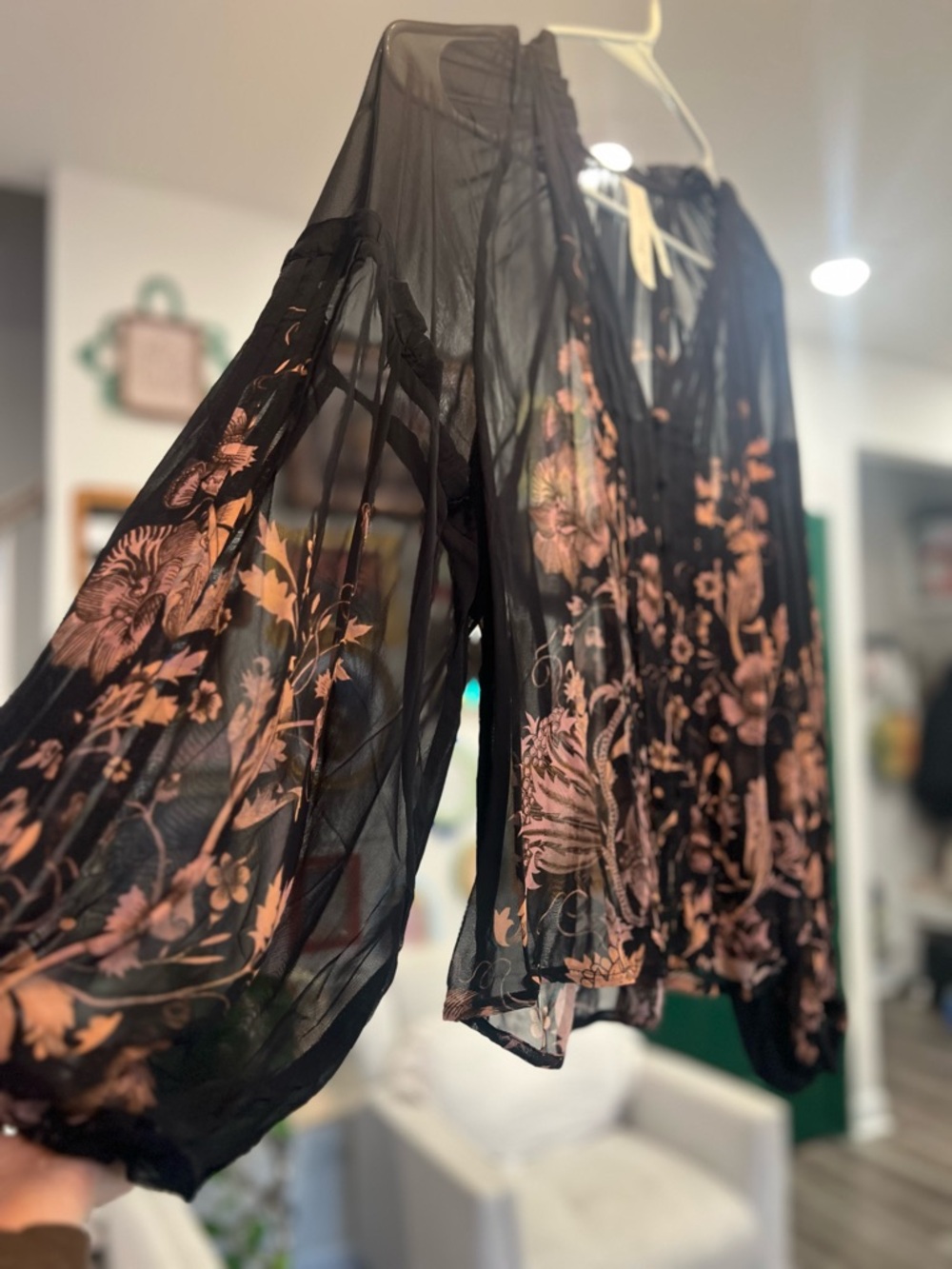 Anthropologie Black Sheer Striped Blouse with Subtle Floral Detail